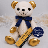 Signature Bear Gold Accents/Blue Bow Teacher Gift with Personalised Badge