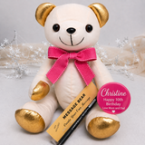 Signature Bear Gold Ears/Pink Bow 10th Birthday with Personalised Badge