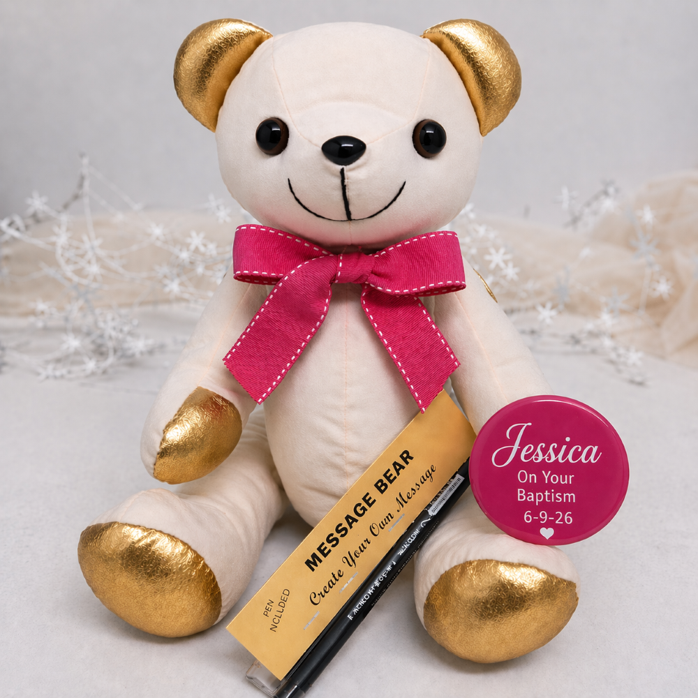 Signature Bear Gold Ears Pink Bow Baptism Personalised Badge