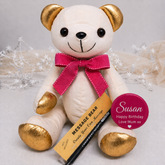 Signature Bear Gold Ears and Feet Pink Bow Birthday Personalised Badge