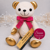 Signature Bear Gold Ears and Feet Pink Bow Birthday Personalised Badge