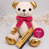 Signature Bear Naming Day Gold Accents/Pink BowPersonalised Message on Badge