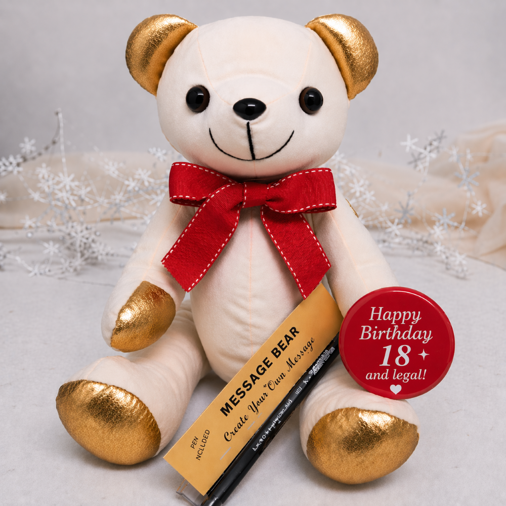 Signature Bear 18th Birthday Personalised Badge Gold Ears/Red Bow