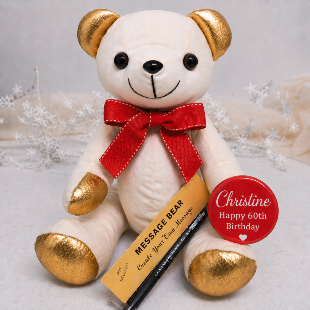 Signature Bear Gold Ears/Red Bow 60th Birthday Personalised Birthday Badge