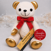 Signature Bear 90th Birthday Gold Ears/Red Bow Personalised Badge