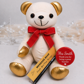 Signature Bear Gold Ears/Red Bow Teacher Gift with Personalised Badge