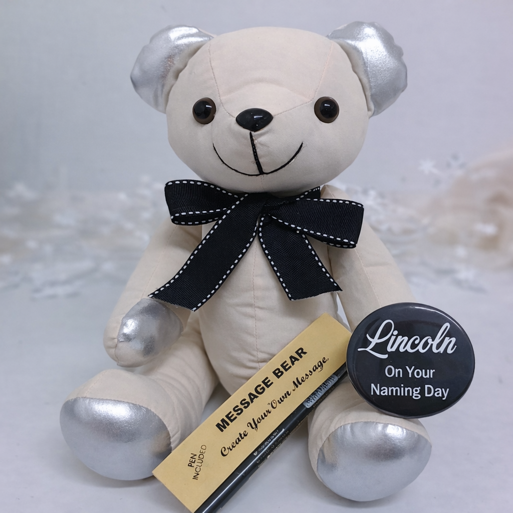 Signature Bear Silver Ear/Black Bow Naming Day Personalised Badge