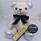 Signature Bear Silver Ear/Black Bow Naming Day Personalised Badge