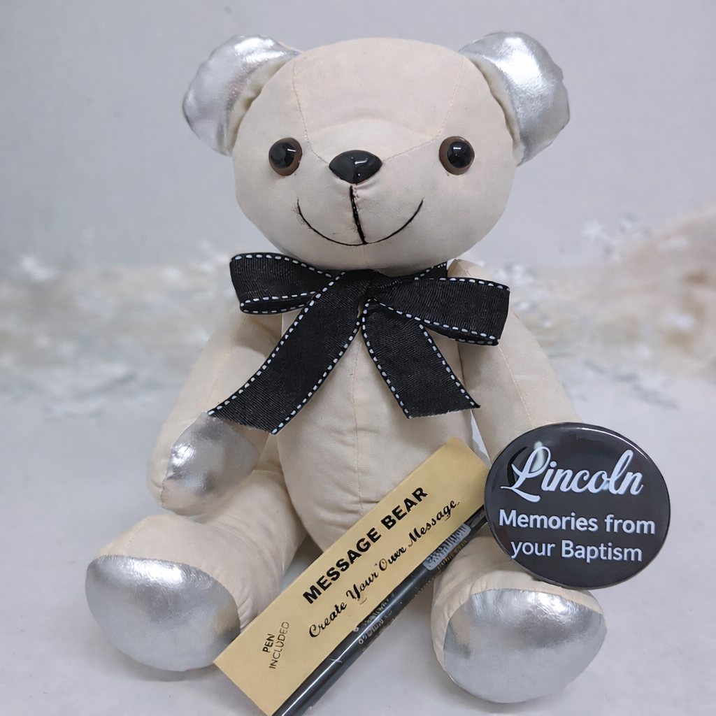 Signature Bear Silver Ears and Feet Baptism Personalised Badge Black Bow