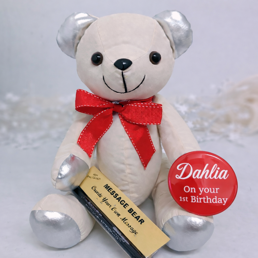 40cm Signature Bear Silver Ears and Feet 1st Birthday Personalised Badge