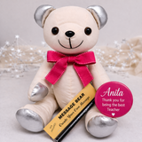 Signature Bear Teacher Gift with Silver Accents/Pink Bow and Personalised Badge