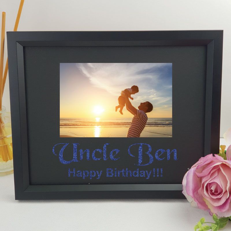 Personalised uncle 6x4 landscape black photo frame with glitter vinyl message – image 2