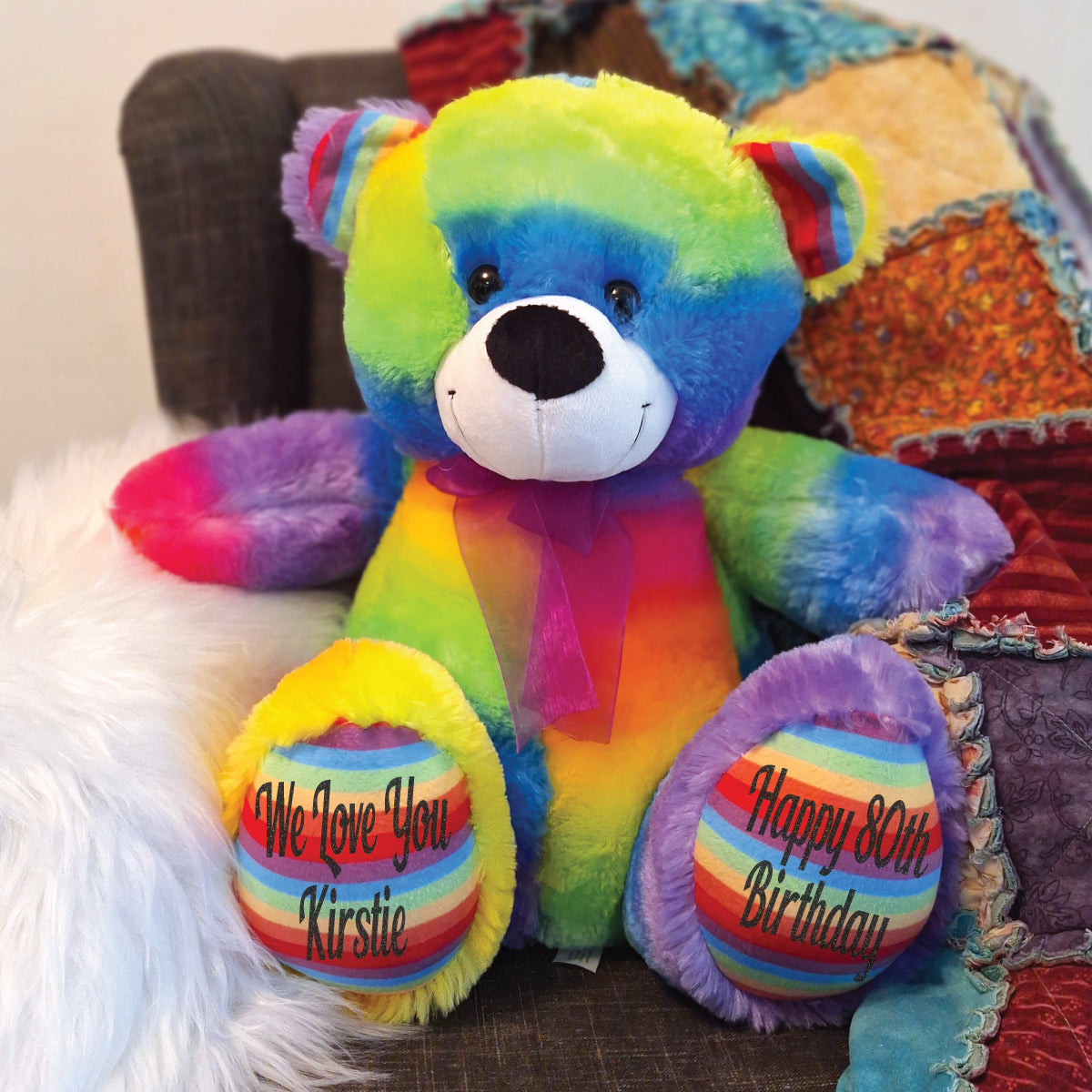 Rainbow Bear 30cm 80th Birthday Personalised Message on Feet