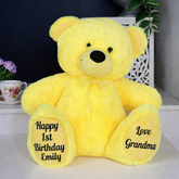 Personalised 30cm Yellow Bear for 1st Birthday – Message on Feet