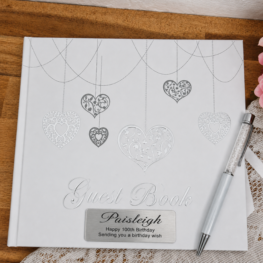 Personalised Guest Book White with Silver Hearts – 100th Birthday
