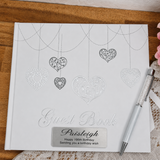 Personalised Guest Book White with Silver Hearts – 100th Birthday