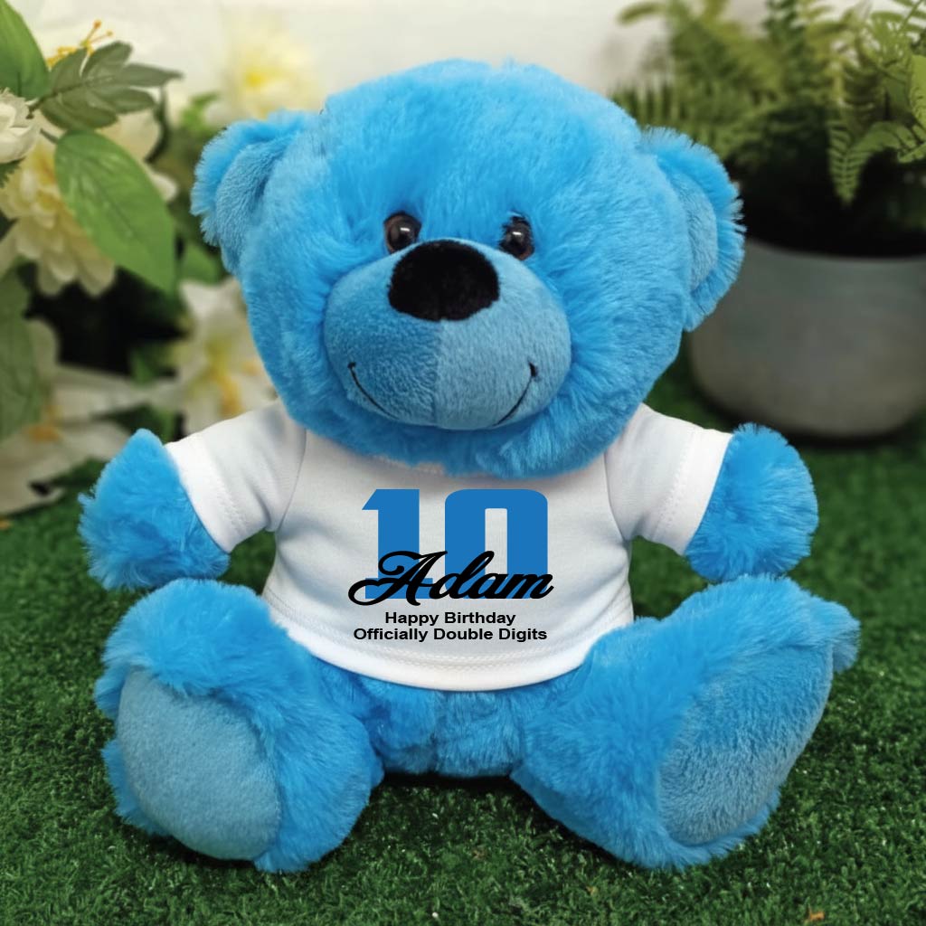 Bright Blue Bear 23cm 10th Birthday Personalised Shirt