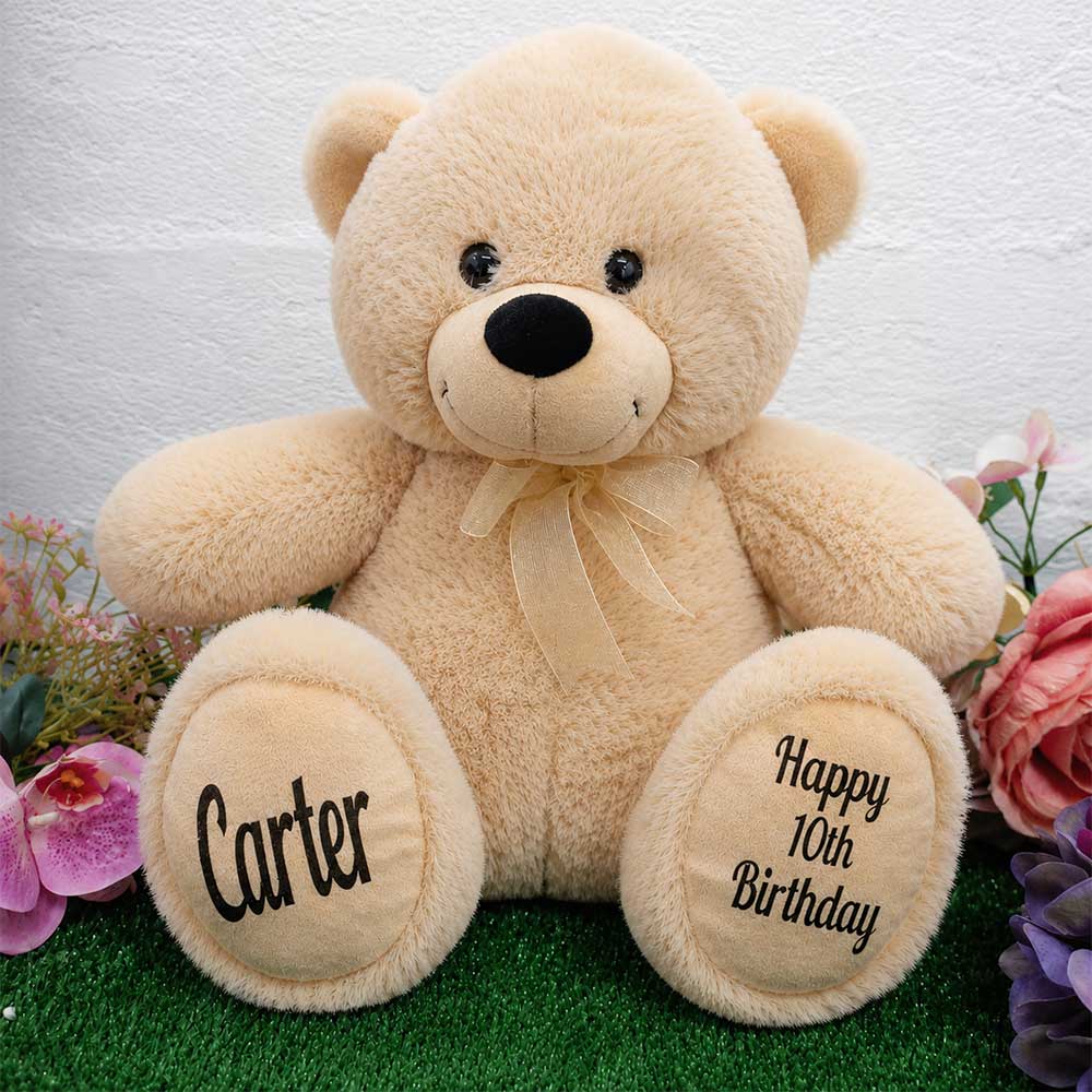 Beige Bear 40cm – 10th Birthday Personalised Message on Feet