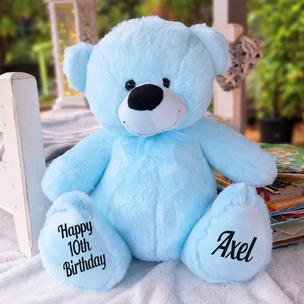 Personalised 40cm Light Blue Bear for 10th Birthday with Message on Feet