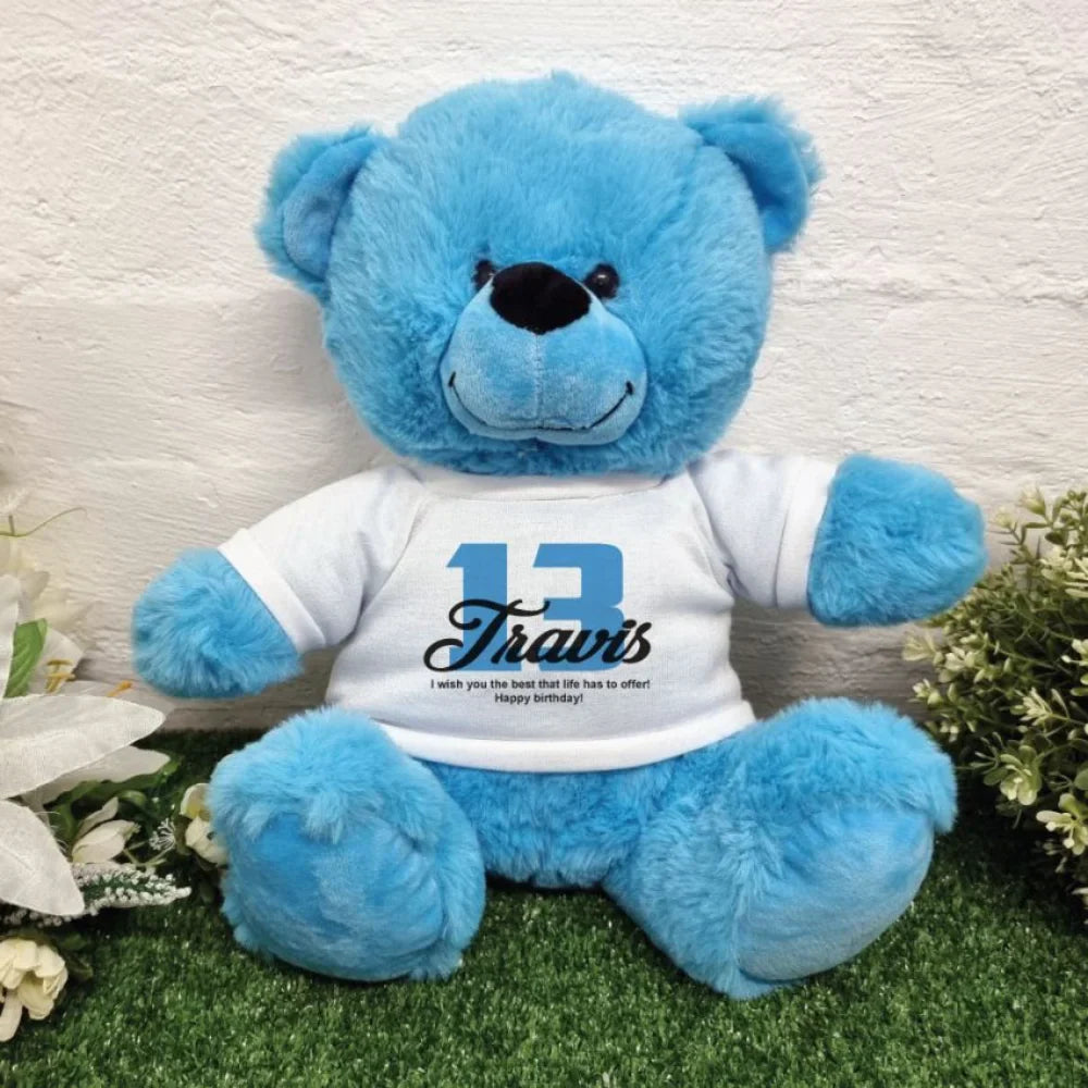 Bright Blue Bear 40cm 13th Birthday Message on Shirt