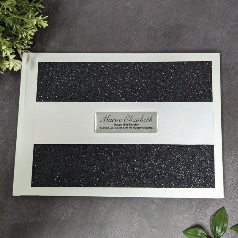 18th Birthday Personalised White Black Glitter Guest Book with Custom Plaque