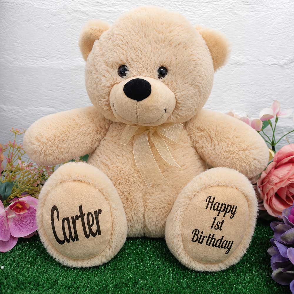 Personalised 40cm Beige Bear for 1st Birthday with Message on Feet