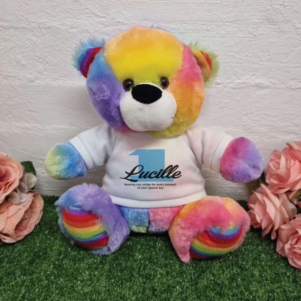 Rainbow Bear 30cm 1st Birthday Personalised Shirt