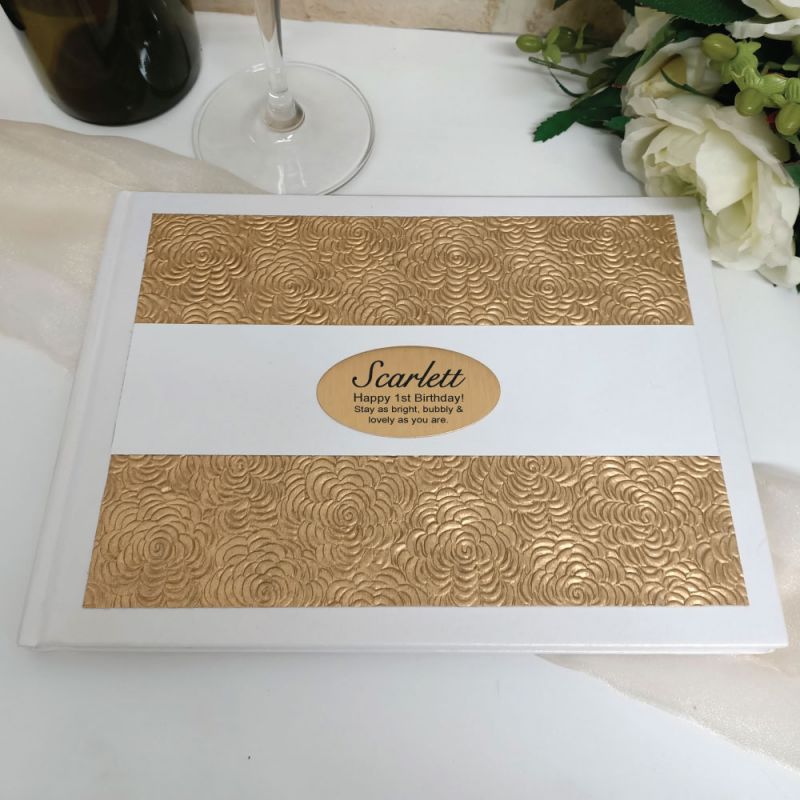 1st Birthday Personalised White Gold Embossed Guest Book with Custom Plaque