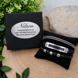 Multilayer Leather and Steel Bracelet – Holy Communion with Personalised Plaque