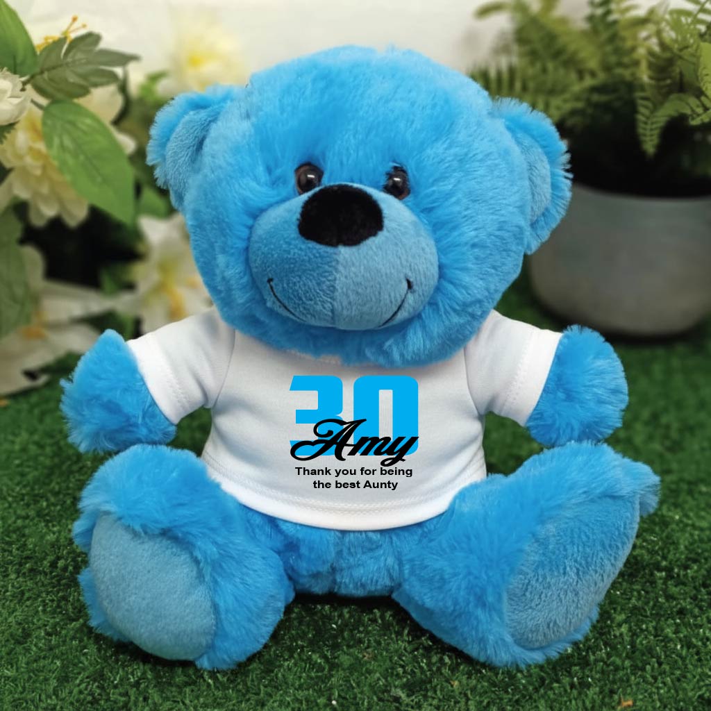Bright Blue Bear 23cm – 30th Birthday Message on Shirt