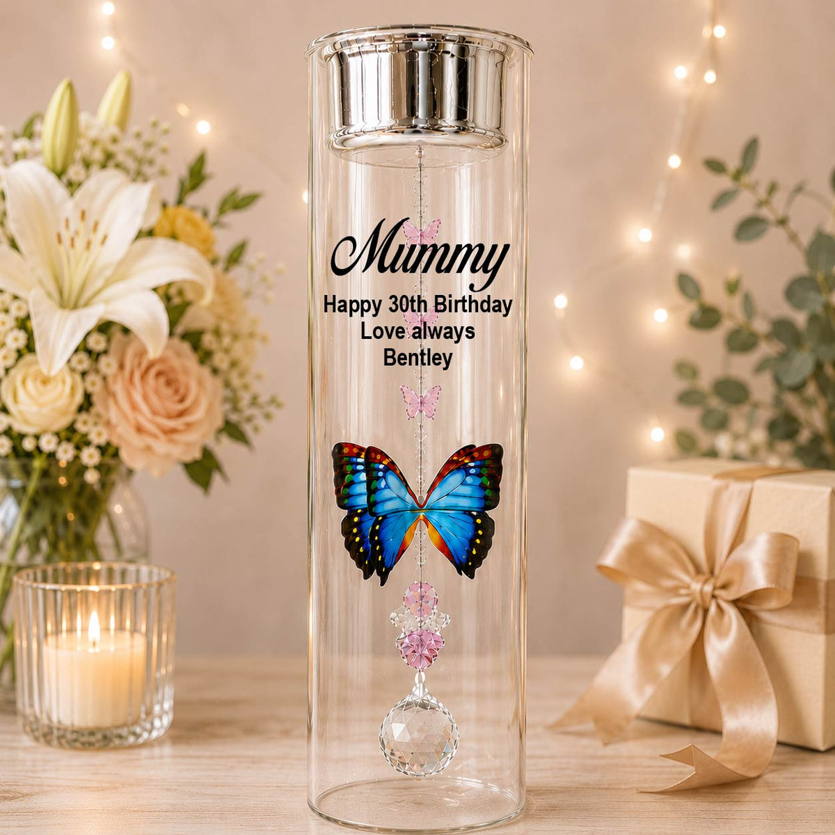 30th Birthday Personalised Glass Candle Holder with Butterfly