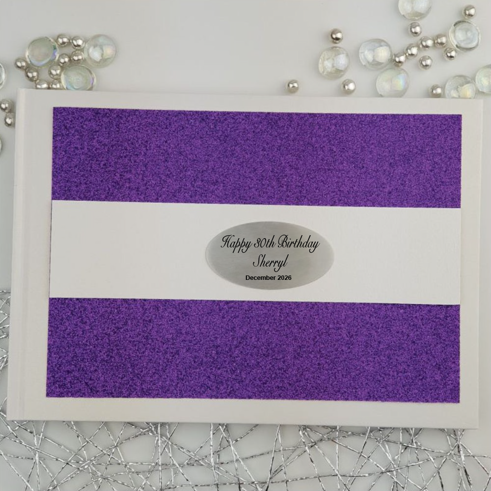Personalised 30th Birthday Guest Book A5 White with Purple Glitter
