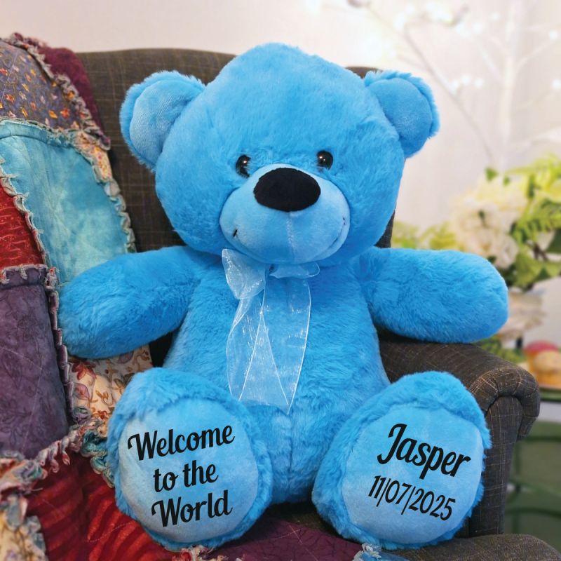 Bright Blue Bear 40cm Baby Personalised Message on Feet