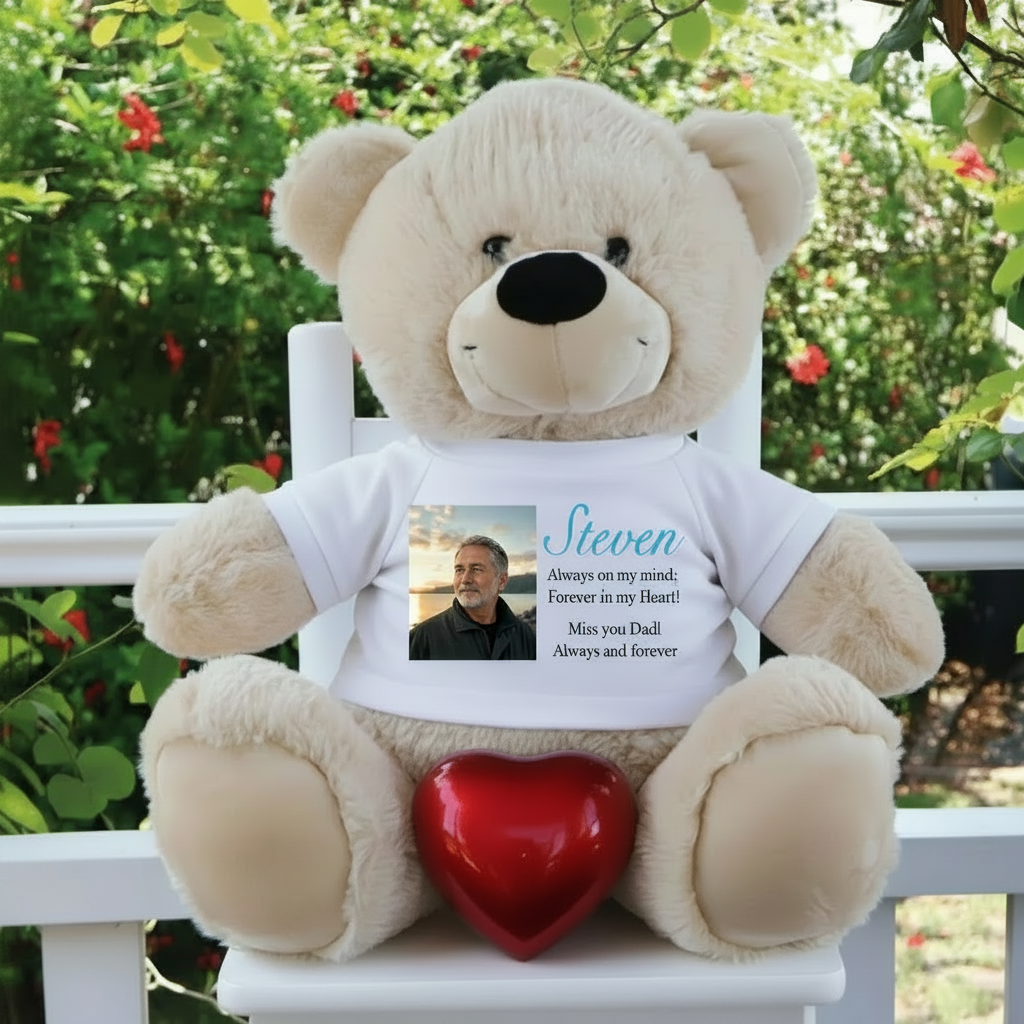 40cm Beige Zipper Bear with Red Urn Memorial Personalised Shirt