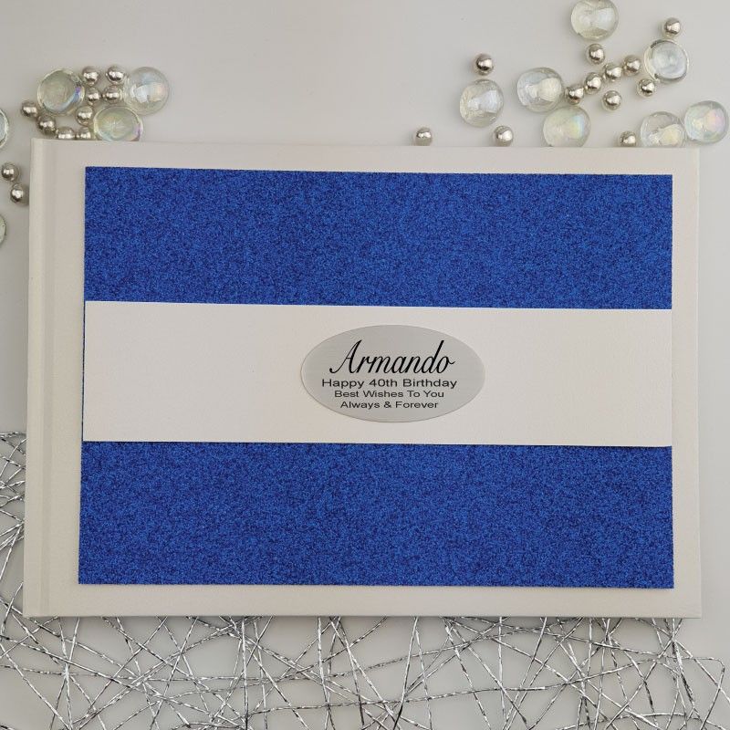 White Book with Blue Glitter Personalised Guest Book for a 40th Birthday Celebration