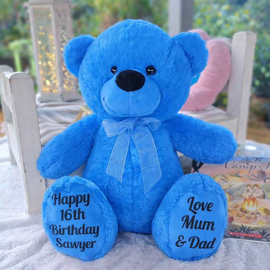Personalised 16th Birthday 30cm Bright Blue Bear with Message on Feet