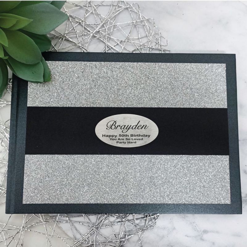 50th Birthday Personalised Black & Silver Glitter Guest Book with Custom Plaque