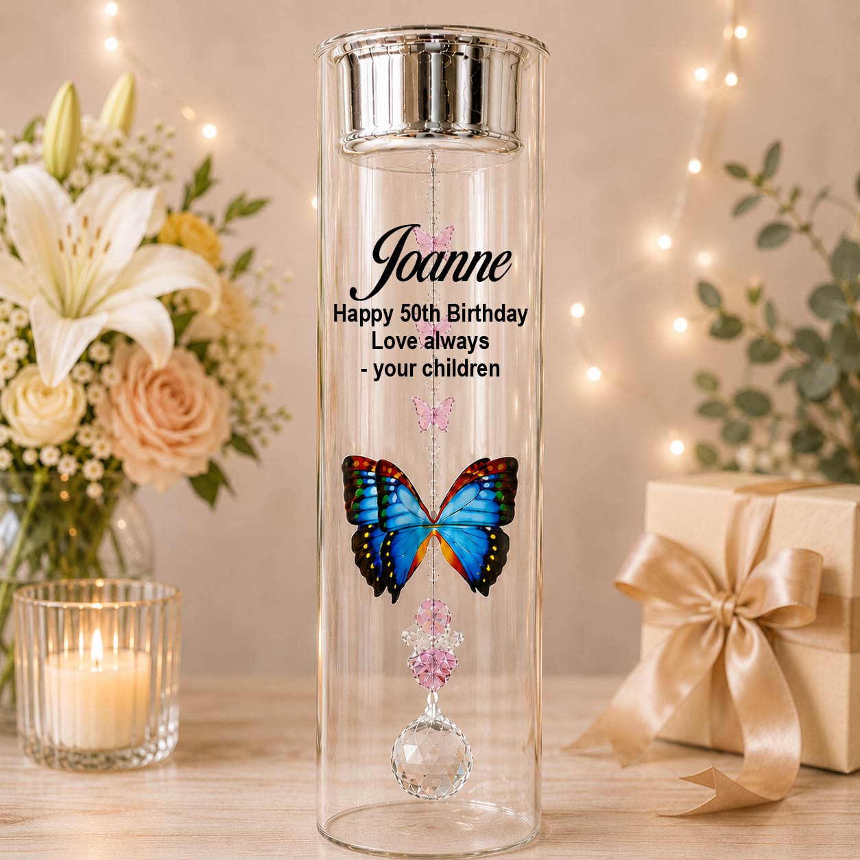 50th Birthday Personalised Butterfly Glass Candle Holder Gift