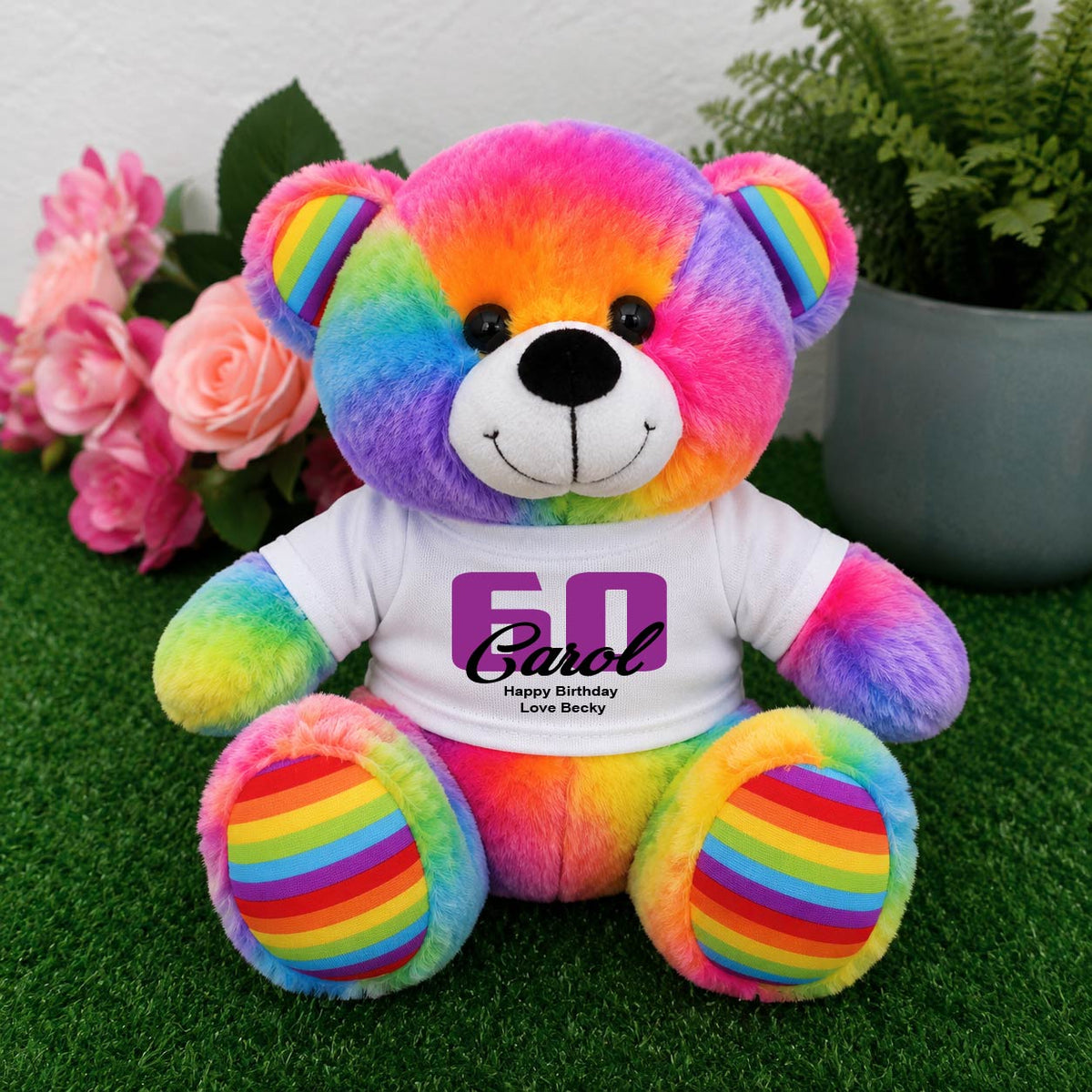 Personalised 60th Birthday Rainbow Bear 23cm Shirt Message