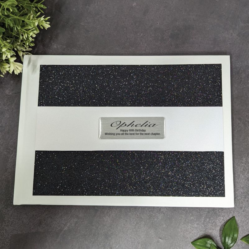 60th Birthday Personalised White Black Glitter Guest Book with Custom Plaque