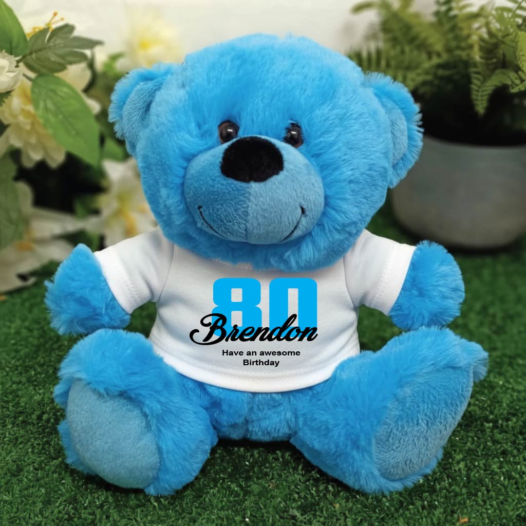Bright Blue Bear 23cm – 80th Birthday Personalised Shirt
