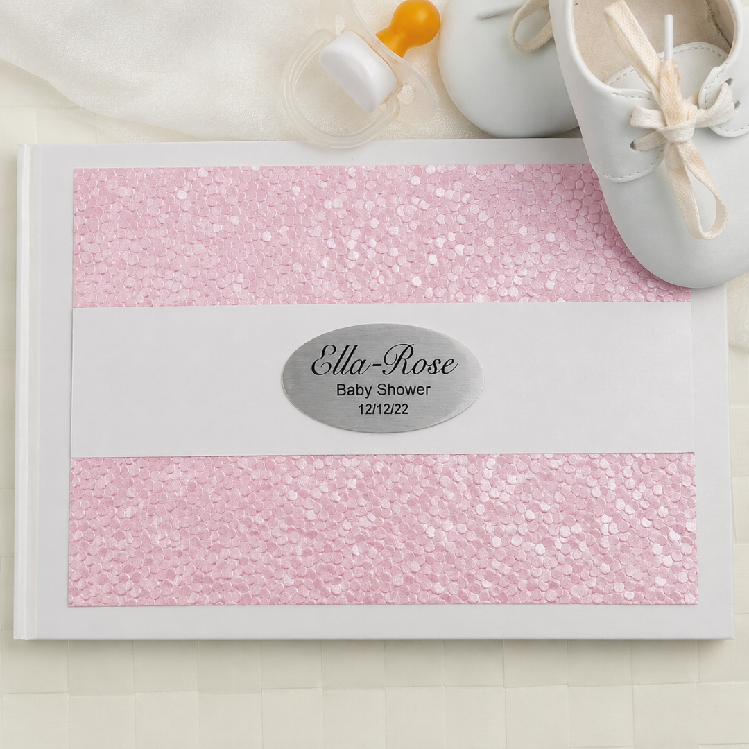 Personalised White Pink Pebble Baby Shower Guest Book with Custom Plaque