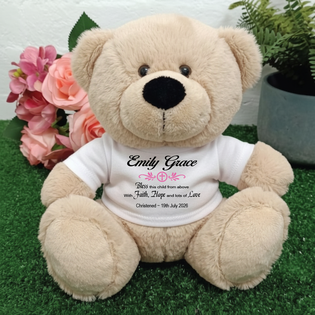 Personalised Beige Christening Teddy Bear with Custom Shirt – 23cm Plush Keepsake Gift