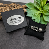 Birthday Personalised Black Leather Forever Linked Together Silver Knot Bracelet Gift Box