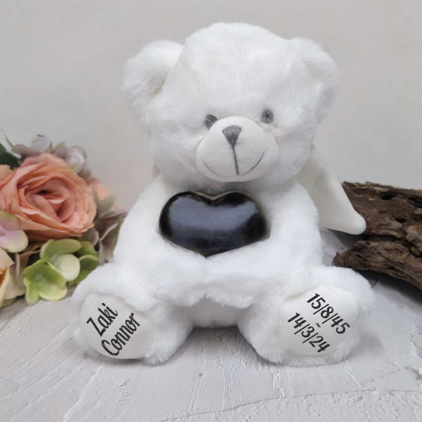 23cm Angel Memorial Bear with Black Urn – Memorial Message on Feet