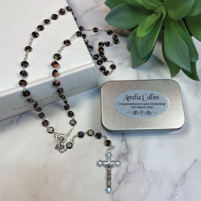Personalised Black Murano Rosary Beads Gift Box with Plaque for Christening