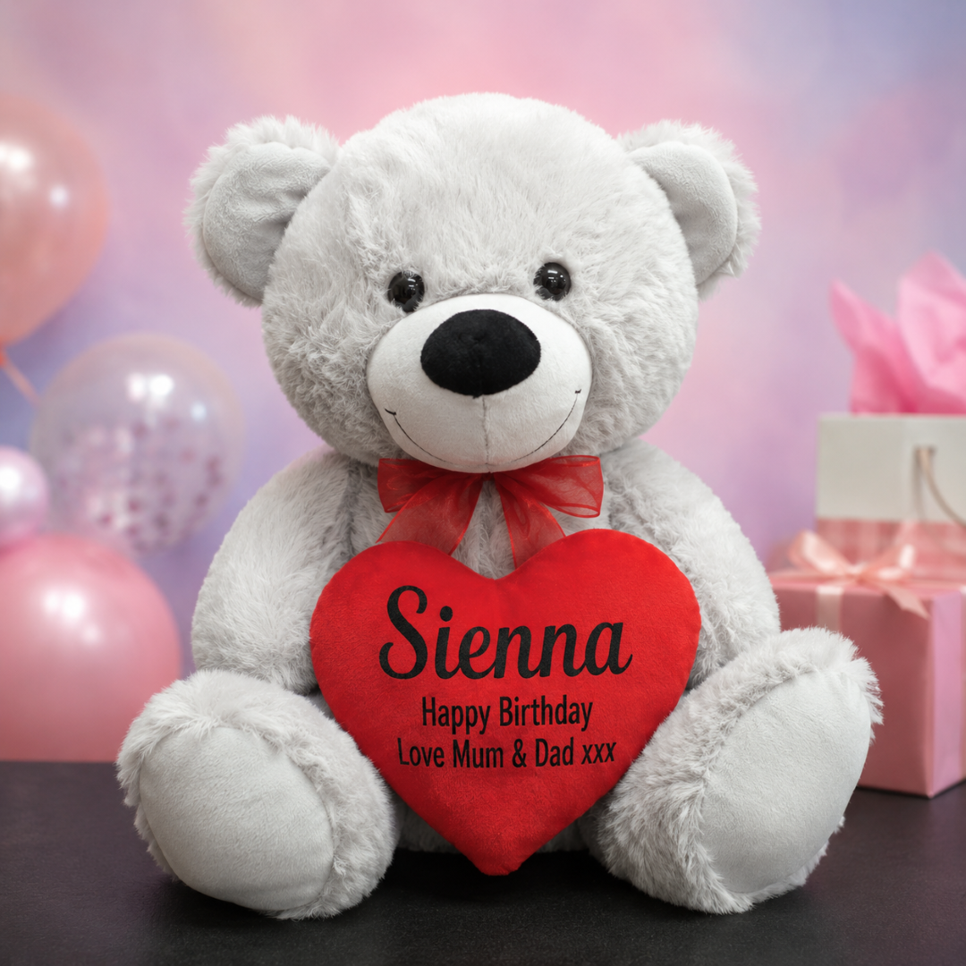 Silver Birthday Bear 40cm with Personalised Message on Heart