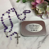 Personalised Amethyst Rosary Beads Gift Box with Plaque for Christening