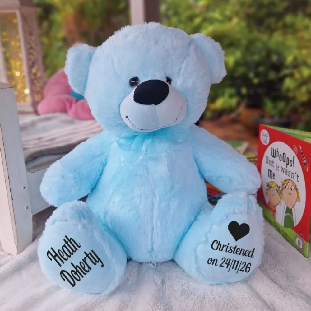 Light Blue Bear 30cm Christening Personalised Feet