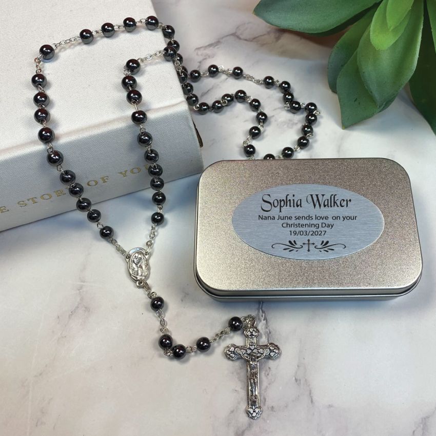 Personalised Hematite Rosary Beads Christening Gift Box with Plaque
